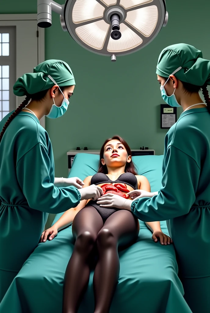 girl in latex leggings lies on a bed in the operating room during surgery
