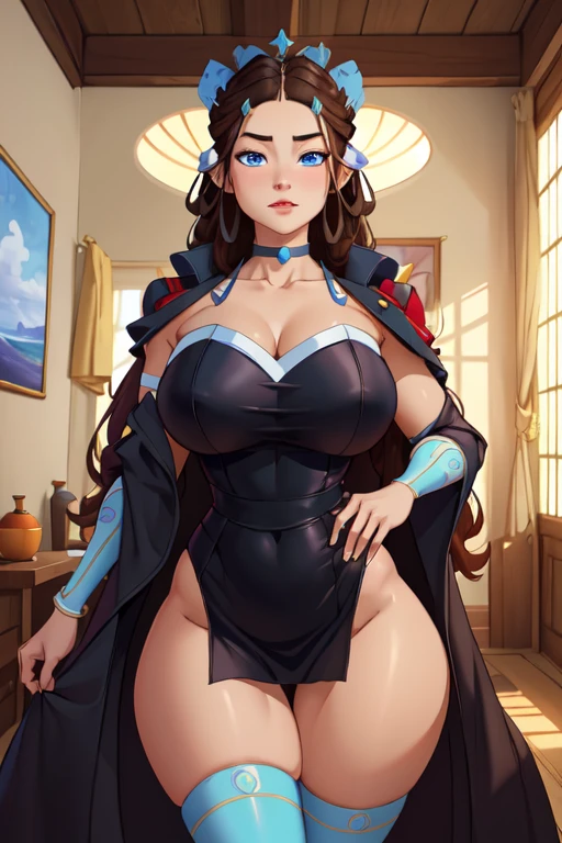 ((ultra quality)), ((masterpiece)), Katara, ((brown-haired long hair)), (Beautiful face), (beautiful female lips), (), charming, ((sexy facial expression)), looks at the camera, (dark skin color), (dark skin), glare on the body, ((Detailed eyes)), ((Dark blue eyes)), (juicy female lips), (brown lips), (dark eyeliner), (beautiful female hands), ((ideal female figure)), ideal female body, beautiful waist, beautiful hips, medium breasts, ((subtle and beautiful)), A seductive stance (close up of face), (dressed in Katara&#39;s clothes) background: beautiful forest near the river, ((depth of field)), ((high quality clear image)), (clear details), ((high detail)), realistically, professional photo session, ((Clear Focus)) with her breasts hanging out of her shirt
