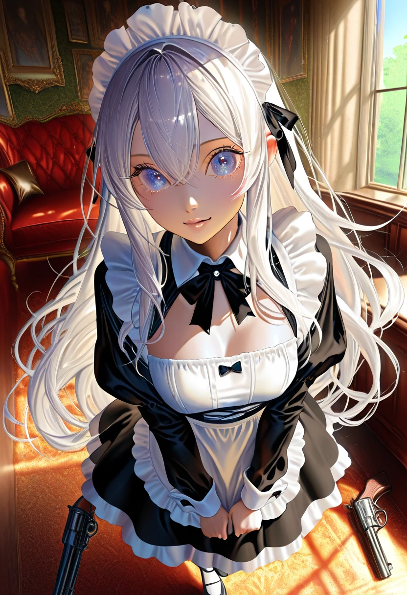 a close up of a sexy maid playing with her hands while wearing a maid outfit, 1girl, breasts, maid headdress, solo, apron, halo, yellow eyes, dark-skinned female, cleavage, long hair, large breasts, dark skin, maid, white hair, jewelry, short sleeves, bow, looking at viewer, blue bow