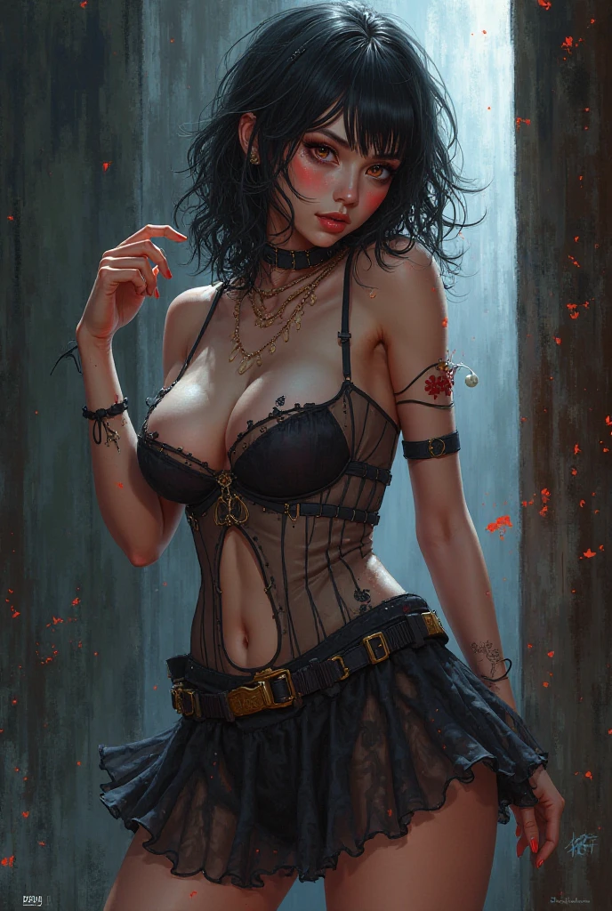 teen girl, library, art by Carne Griffiths and Wadim Kashin, tear books, destroy books, damage books, stockings,
blood, gigantic tits,
fantasy background, aflame shade, Darkness, blood, devastate library, red and black, stockings, short pixie cut with undercut, angry, rebellious, destruction, rack damage, havoc, dilapidation, emphasize , destroying, wrecking, exhibit breast, passionate,
ragged see-through dress, very big cleavage,
lean, tall, long legs, long waist, emphasize , hips, heels, tattooed legs, short pixie cut with undercut, big Bosoms, slim face, big eyes, full lips, small nose, detailed red eyes, hyperdetailed face, sharp focus, perfect eyes, fantasy background, haze, ultra-detailed, film photography, light leaks, Larry Bud Melman, trending on artstation, sharp focus, studio photo, intricate details, highly detailed, by greg Rutkowski
black and white still, digital Art, perfect composition, beautiful detailed intricate insanely detailed octane render trending on artstation, 8 k artistic photography, photorealistic concept art, soft natural volumetric cinematic perfect light, chiaroscuro, award - winning photograph, masterpiece, oil on canvas, raphael, caravaggio, greg rutkowski, beeple, beksinski, giger