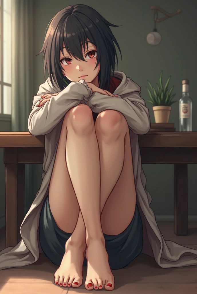 (depicting a single moment from a manga for adults), (hand-drawn), (simple line art), ((manga-style line art background)), ((minimal detail in clothing)), (only 5 colors used), (a housewife, slim figure, round face, eyes with realistic sizing, drooping eyes, blush, sweat), spread her legs, raise leg, ((hit her crotch onto the corner of the table for masturbation)), enjoying ecstasy, on the street, long-skirt, apron, (pubic-hair, panties, nipple), terrace, ((a plastic bag with groceries)), braid,