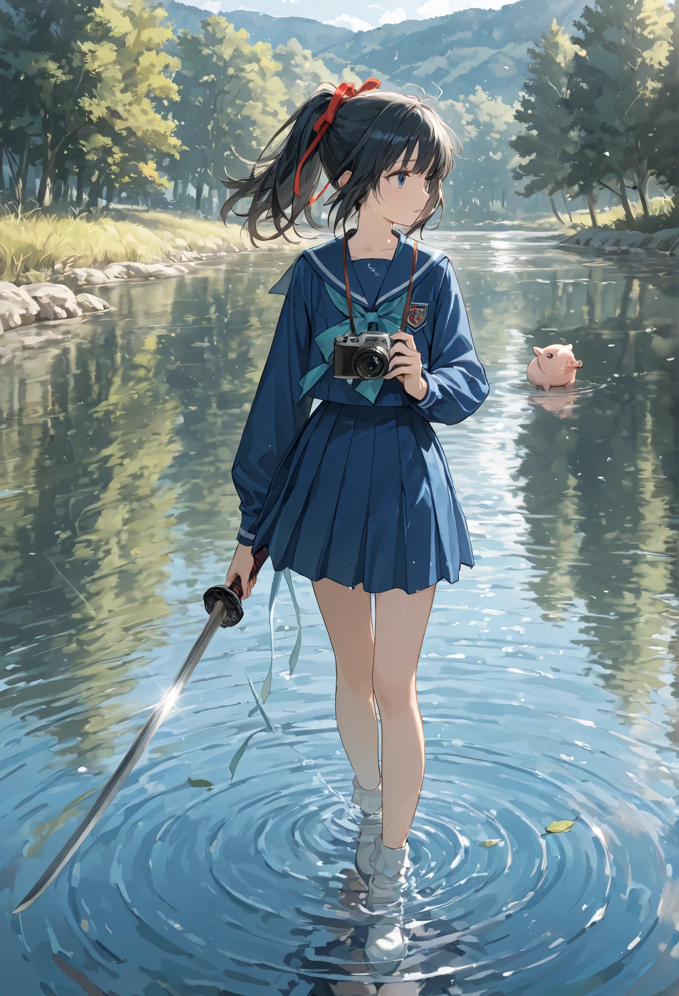 , {{{masterpiece}}}, {{{top quality}}}, {{super detailed}}, {illustrations}, {{is very delicate and beautiful}},{ black hair,ponytail,ribbon, Blue Sailor Suit ,{{{ clear, clear}}}, woman holding a Japanese sword ,lake reflective surface,Salt lake Yuniu,Woman Reflected in Water ,Woman Standing on Lake,camera holding a pig