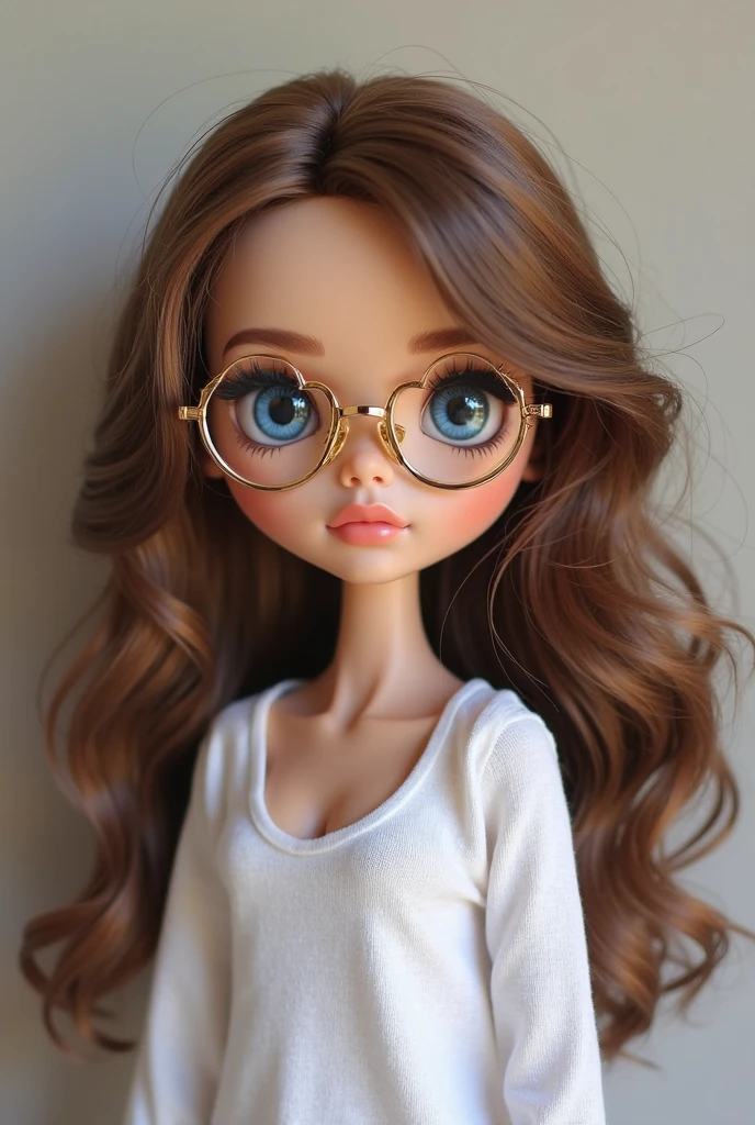Make a Blythe doll with square glasses, Brown eyes, short and straight light brown hair, light teas and a button-down sweater 