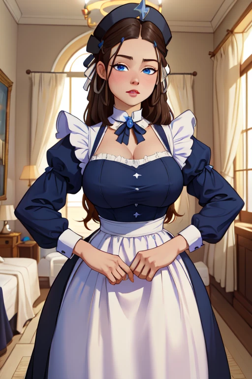 Antique Maid Uniform, dark blue hair, mid long hair, blue eyes, young adault, 22 years, beautiful face, light smile, castel backround