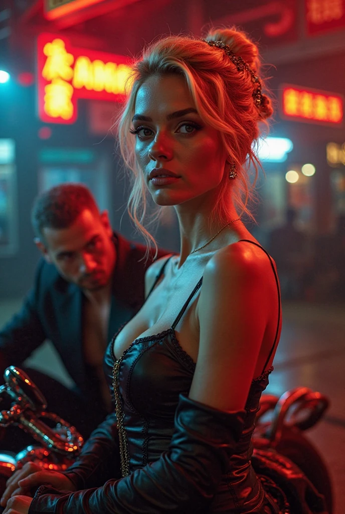 blond blond haired woman in black leather outfit standing next to a man, leather clothing, mert and marcus, black leather bra, lady gaga harley queen, leather clothes, punk style, black leather harness, fantasy leather clothing, rockabilly, arian mark, punk , jean deville, mert alas and marcus piggott, paradise city, lady gaga as harley queen, by Galen Dara