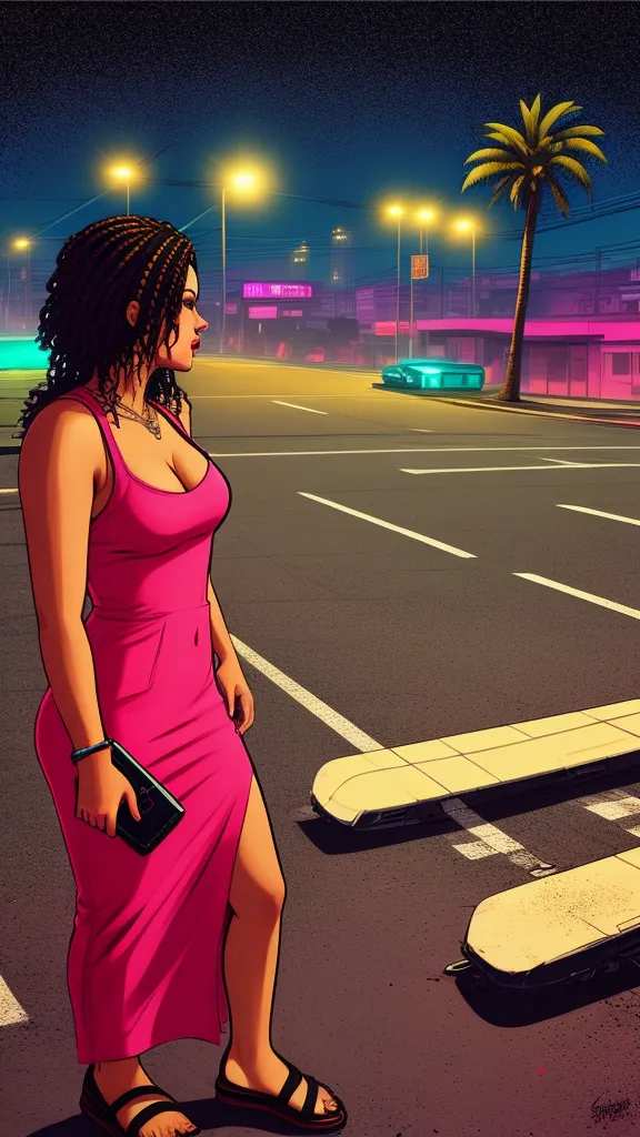 A full portrait of a woman (curvaceous, colossal cleavage:1.3, sexy) leaning on a car, in the style of GTA V, vibrant colors, bright colors, urban background, hyperrealism, intricately detailed, intricately textured