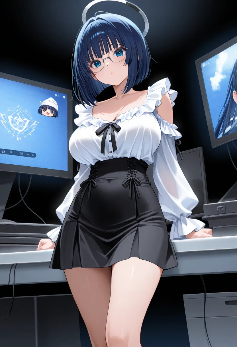 1 girl, kanon kanase,  blush, medium breasts, sleeveless, (shirt, short skirt, black background), sitting, perfect anatomy, healthy skin, 20-year-old.