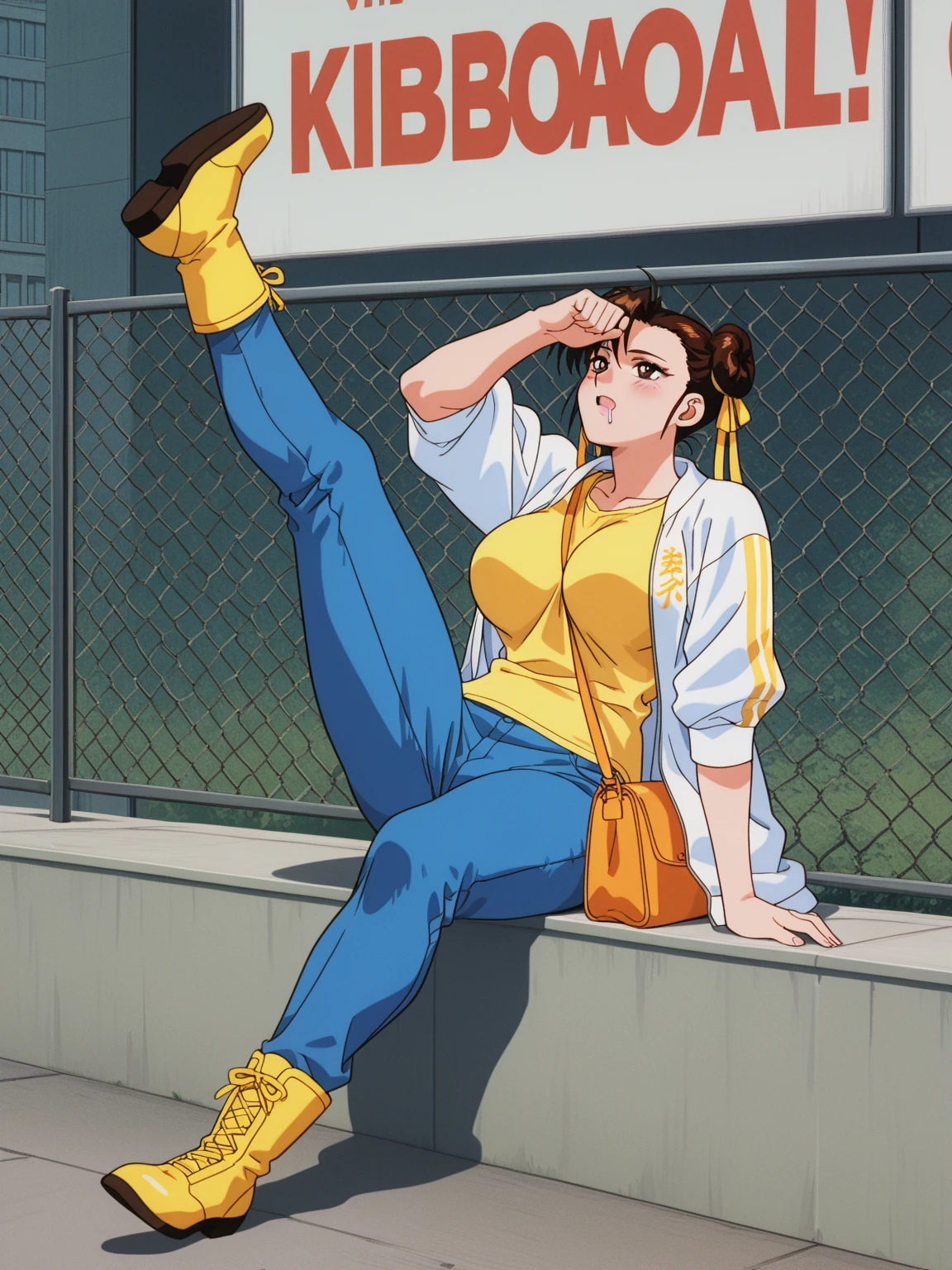 score_9, score_8_up, score_7_up, 1girl, solo, clamJBLee97, cJsunglasses, yellow coat, yellow gloves, pink shirt, turtleneck, blue shorts, belt, blue boots, earrings squatting, cameltoe 