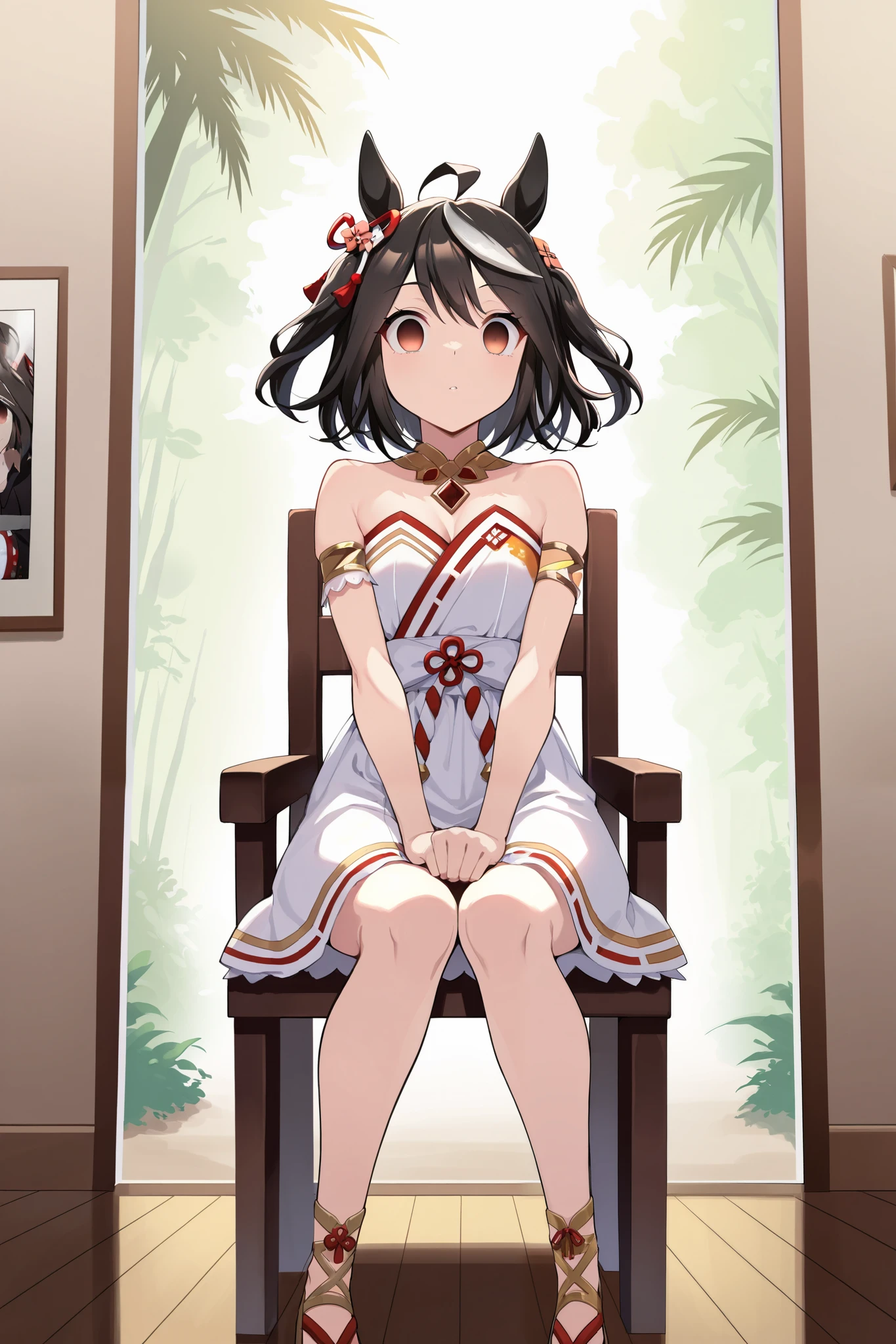 (masterpiece, ultra high definition, 16k, RAW photo, complicated), (sharp concentration, vivid details), (Wide range of colors, Brilliant Details), noise reduction, 1 girl , ((Kitasan Black \( Uma Musume\)), (Empty Eyes, [Sleepy eyes, half-open:1.9), sitting on a chair, lean on a chair, Weaknesses, Lazy Hand, Hands Down Under Her Arms, (open your legs wide:1.5), I can see my pants, whiteパンティ, (Official Costumes), (full body), white, Joyful Star Kiss High School , white毛皮の襟, Armlet, white strapless japanese dress , Parallel Side Straps