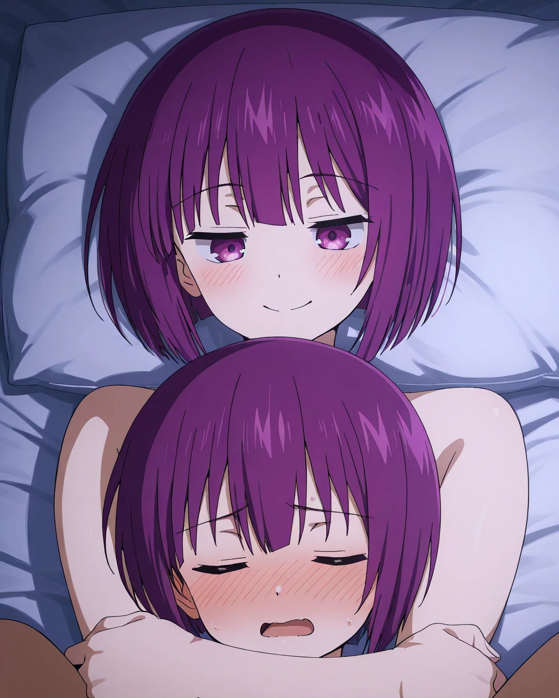 ​masterpiece, best quality, highres, 8K, ,medium breasts,1 girl,1 boy,Sex,orgasm,im Bett,black swimsuit,purple hair, screaming
