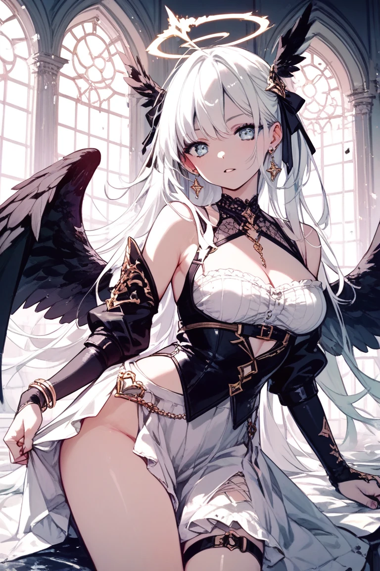 ((highest quality)),(ultra high resolution),(Super detailed),(detailed description),((best CG)),(best work of art),super precision art,great drawing art,(Fantasy art with precise details:1.5), (one female fallen angel:1.8),(beautiful and well-shaped face:1.5),(Intricate and detailed bondage:1.5),anger:1.6,Nasty tattoos:1.6 Hellfire:1.8,a devastated world:1.7,