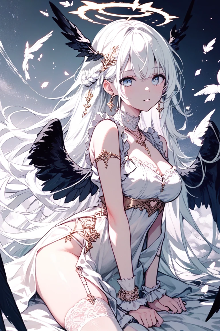 masterpiece, best quality, ultra -detailed, finely detail, White girl, angel, two big wings, white hair, blue eyes, sexy, sexy pose, pastel blue dress, full body, long hair, fringe, pastel blue dress, white shoes, acessories, wings on the back, lying down