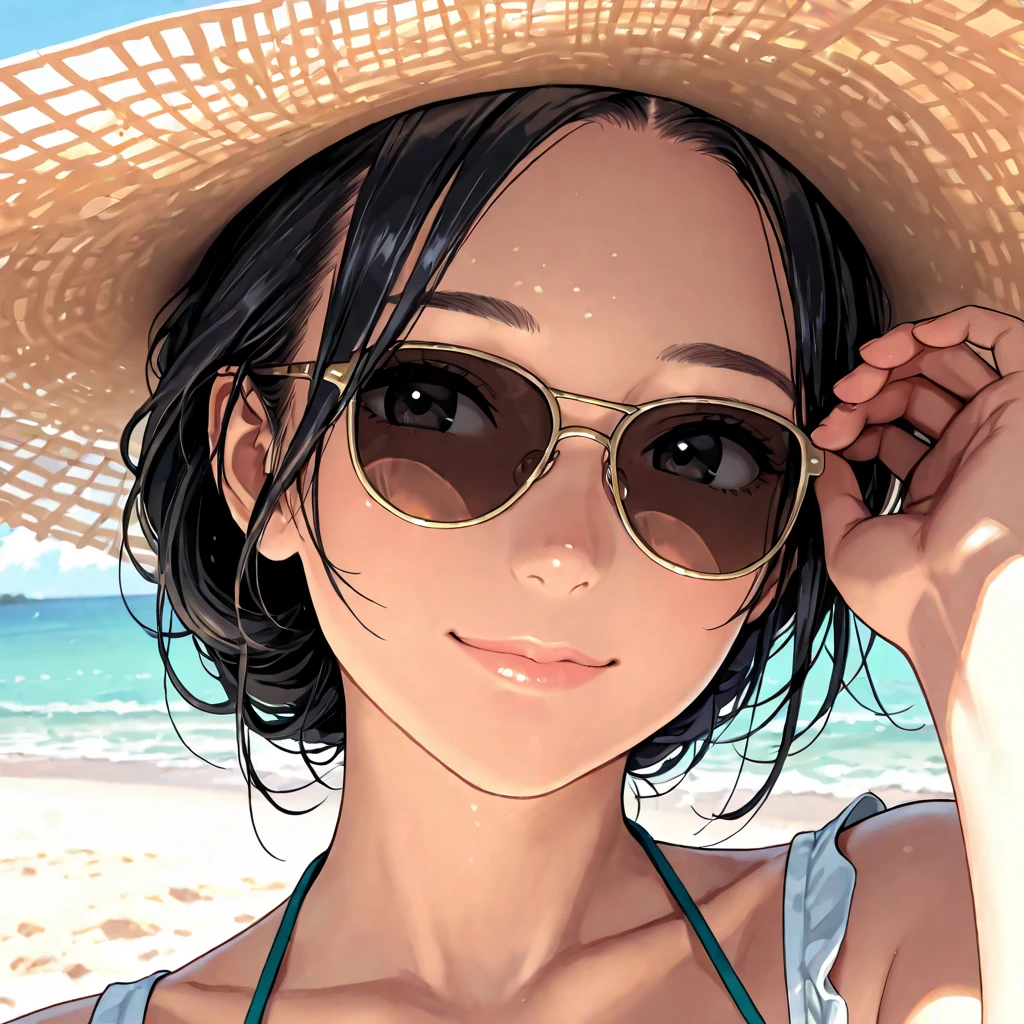 ((highest quality, masterpiece, High resolution)), ((reality)),Photos of beautiful Japanese women,((anime art))、 (((1 girl))), normal size breasts, slim body shape, medium short hair, double eyelid, Wet see-through micro bikini, A pareo with bold ethnic patterns and plenty of primary colors、(Brown skin:1.4),realistic skin、Wet,whole body,cinematic light、tropical、Against the background of palm trees on both sides、on a sunny beach、With the sea in the background、blur background、smile