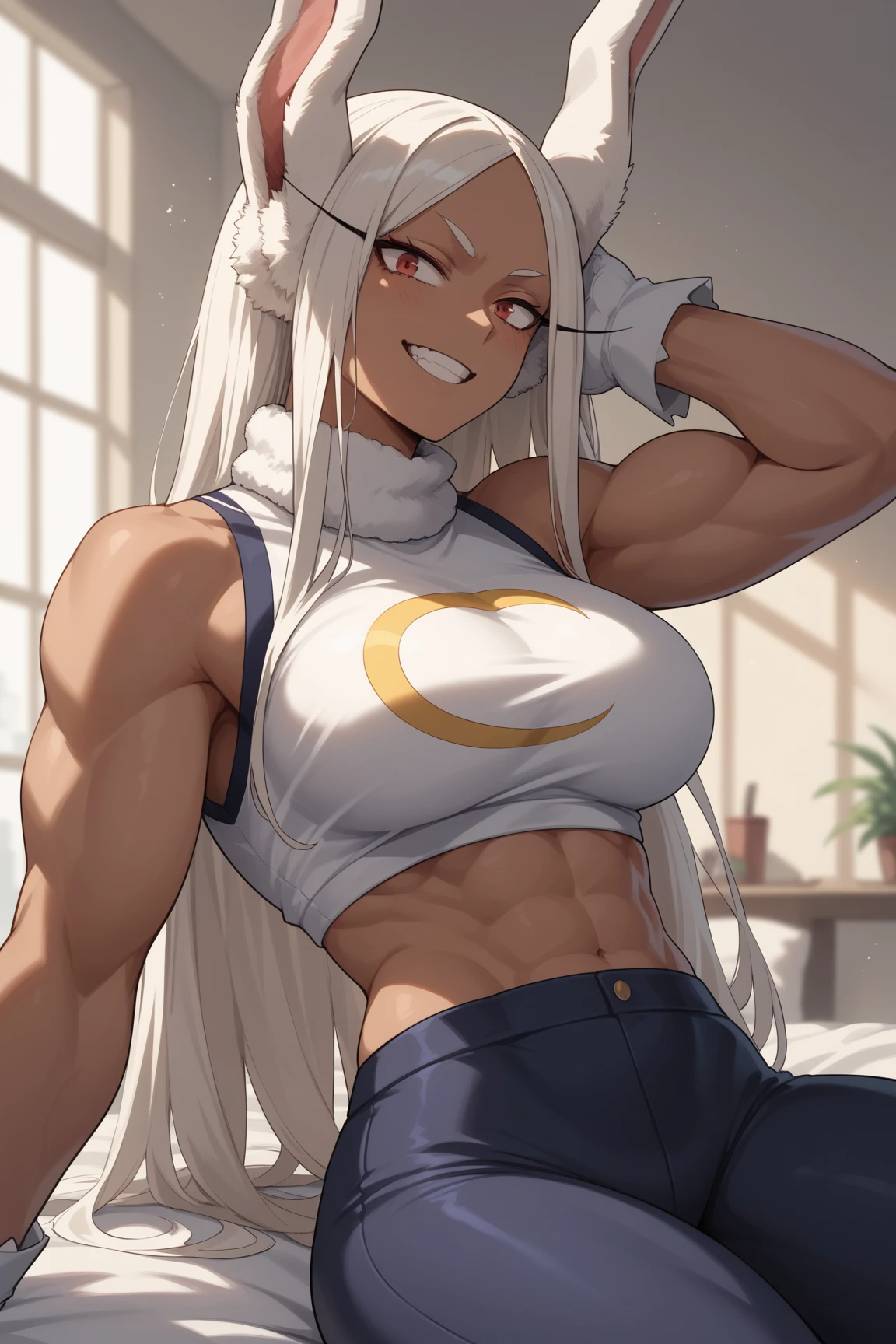 1 man with long curly white hair, silver hair, messy bangs, Sunkissed tan skin, purple magenta eyes, handsome, gloves, earrings, veins on arms and hands, sweaty skin, American football player, tight football uniform, on football field, white happy trail, big pectorals, abs, plump ass, narrow waist, Cinematic lighting, hyper HD, Masterpiece, High details, ((sexy dynamic pose))