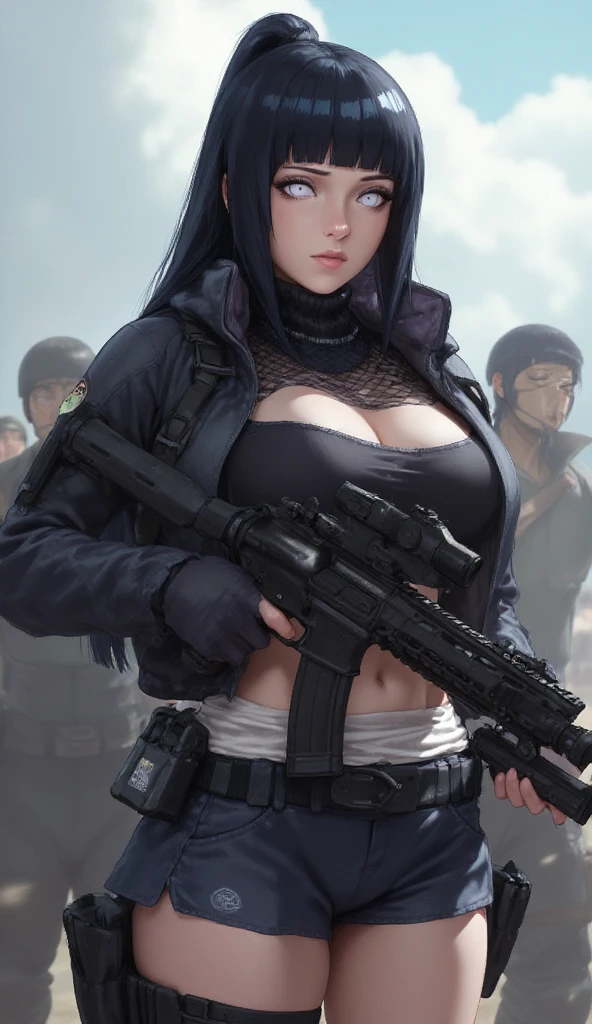 one woman,20-year-old,(()),((micro skirt, body suit,(black hair),(battlefield)((The bodysuit is torn))The bodysuit is dirty with dirt.