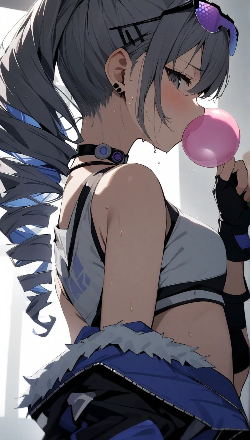 Koshimizu Toru(Nijisanji),Short Hair,Blue Hair,hair ornaments,headphone,Large Breasts,Polka dot underwear,Juvenile underwear,Embarrassed face,Crucifixion,,masterpiece