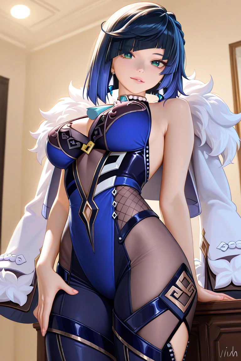 Mature content,masterpiece, best quality, 1girl, hairband, jewelry, bare shoulders, looking at viewer, blush, gloves, smile, collarbone, elbow gloves, necklace, long hair, earrings, solo focus, thighs, thighhighs ,sexy pose,brainwashed,sexual,sexy,crazy smile,corruption,hypnosis,Illustration,wet,liquid,(Satou Kuuki),huge clear eyes, clear and clean background,furina \(genshin impact\), heterochromia,hat,bule hair,blue eyes,ascot,brooch,long sleeves, jacket,blue bow,gloves,white shorts, thigh strap,
