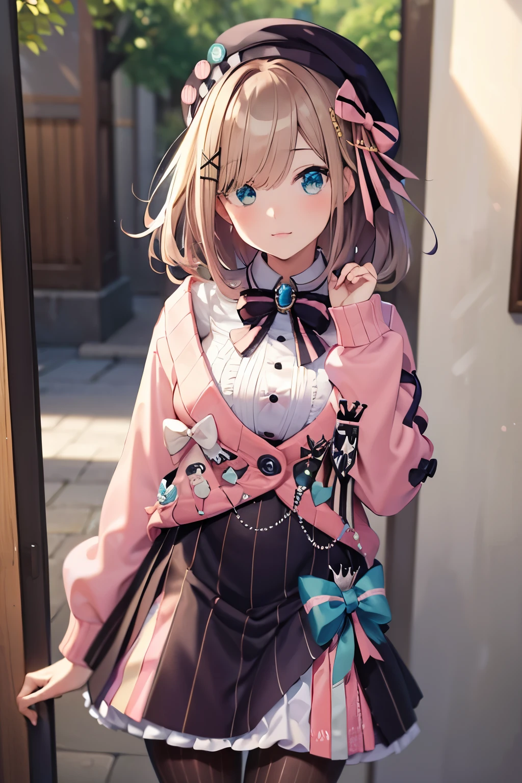(8k, raw photo, masterpiece, extremely detailed, best quality, professional lighting, high res), BREAK beautiful and adorable girl, hmsl1, beret, x hair ornament, medium hair, pink bow, large breasts, jewelry, pink cardigan, brooch, white shirt, vertical-striped skirt, striped pantyhose, wavy mouth