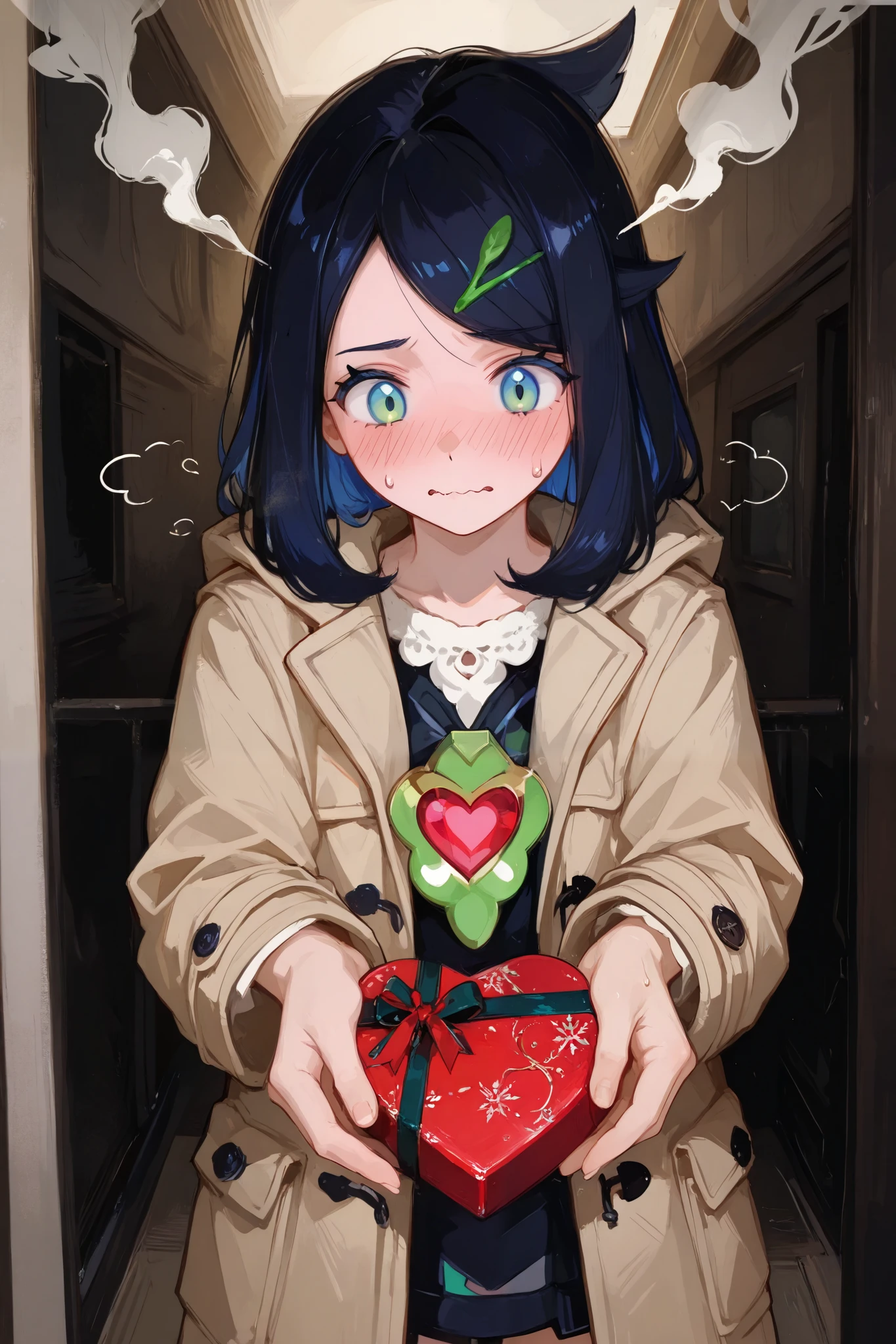 liko,1girl\(harf open eyes,wavy mouth,embarrassed,light head steam,sweatdrop,lovestruck,put on black duffel coat \),arrow through heart, arms outstretched,from front mens both hand\(Holding a heart-shaped gift box in both hands,offering the gift box to the her),cowboy shot,moody atmosphere,748cmstyle,UHD, retina, masterpiece, accurate, anatomically correct, textured skin, super detail, high details, high quality,best quality, highres, 1080P, HD, 16k
