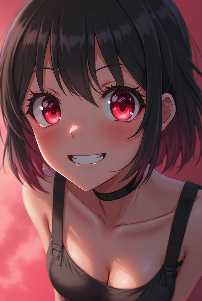 looking ahead,from above,slouch,handjob,side view,face focus,open mouth,tongue out,cum on tongue,Licking the penis,(1girl,Beautiful 14 year old girl),((Slender,Small breasts,Baby Face,Small face,)),looking at viewer,Black Hair,bangs,two side up,Gray Eyes,Drooping eyes,slit pupils,narrow eyes,ollarbone,black t-shirt,off-shoulder look,Black and red checkered short skirt,Beautiful and detailed anime art,Mischievous smile,Dimly lit room,Simple Background,Gray background,Low lighting