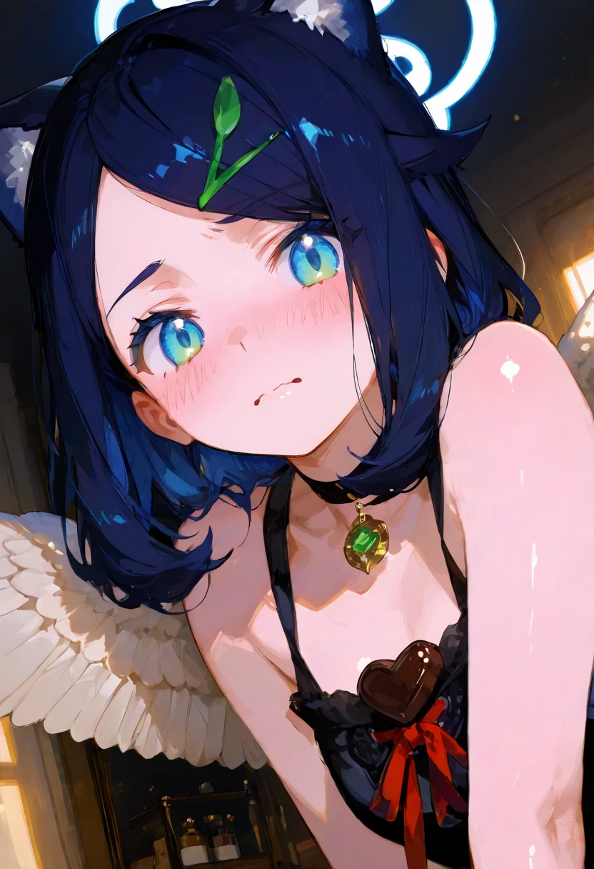 A close-up shot of an anime girl with a shy,liko, embarrassed expression and flushed cheeks. She has dark blue hair flowing gently and striking blue eyes. She wears a black choker and a sporty jacket. Behind her, a pair of delicate angel wings add a mystical touch. She is offering a heart-shaped chocolate wrapped in a red ribbon, leaning slightly forward with a gentle gaze. The background is soft pink with floating hearts, creating a romantic Valentine's Day atmosphere. This illustration is in Anime Style, using Digital Painting techniques, with Glow Effect and Soft Lighting for a dreamy aesthetic. The image is ultra-detailed, high-resolution, with cinematic lighting and best quality, 748cmstyle,luisap,shiny skin, detailed textures, digital painting, ultra-detailed, 8K, masterpiece, ray tracing, UHD, retina, masterpiece, accurate, anatomically correct, textured skin, super detail, high details, high quality, best quality, highres, 1080P, HD, 16k