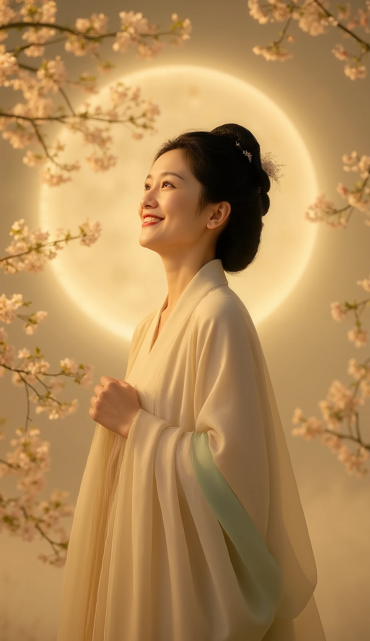 Smiling and thinking about happiness for everyone, shines a ray of light against the background of Amaterasu Omikami's big day