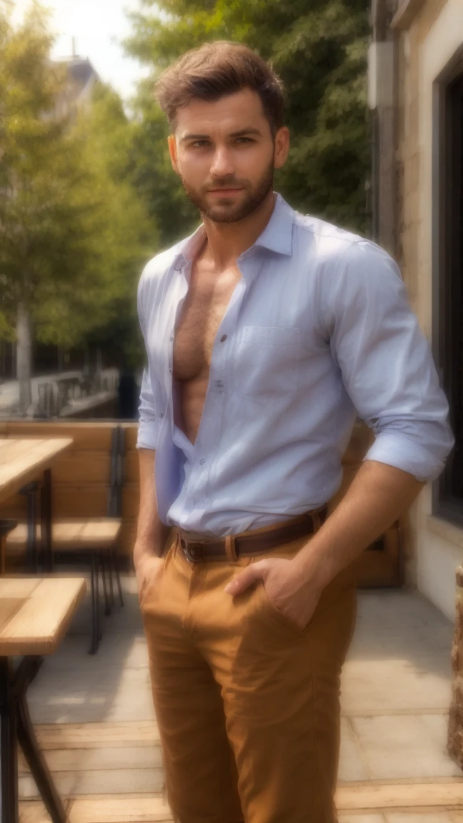 A sexy handsome man in a cafe, sitting , homoerotic, handsome face, gorgeous hair, fashionable clothes , nsfw, homoerotic ,penis,(slightly curly hair: 0.2), breast