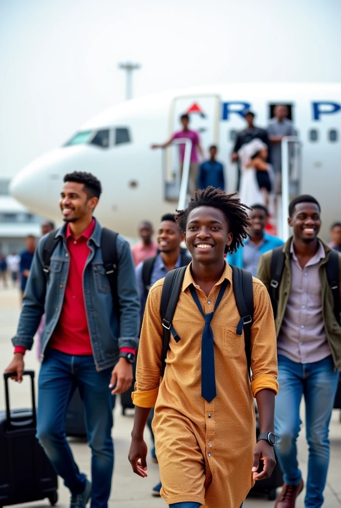 a young black people standing with bags on their backs and rolling cases in their hands and a plane next to young black people 2 girls 2 boys , it is about to be immigrants to the United States, created an image as a cover for a blog article