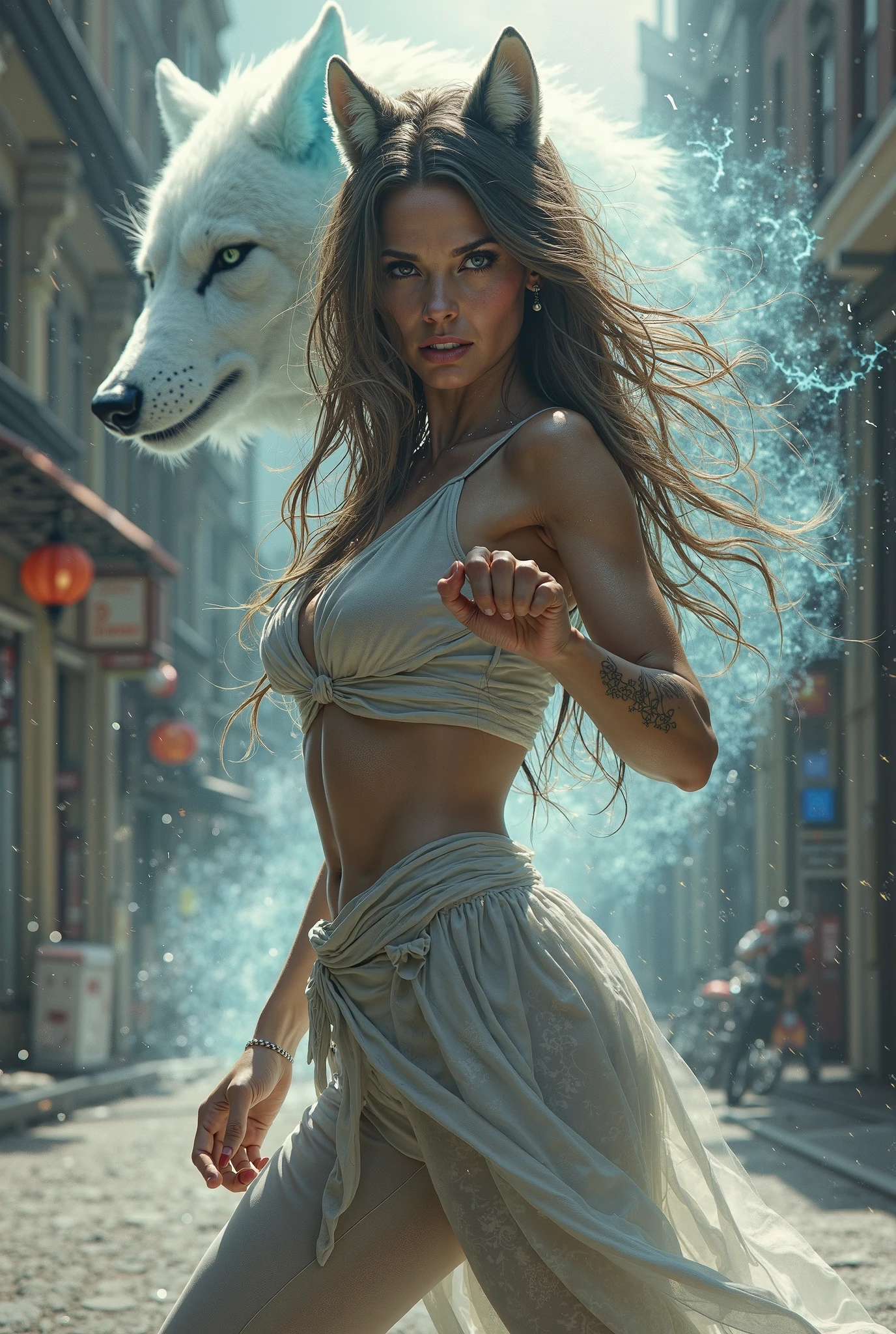 ultra-detailed, realistic, 4k, masterpiece:1.2, highres, vivid colors, bokeh, professional, HDR, sharp focus, studio lighting, ultra-fine painting, physically-based rendering, full lips, pronounced feminine feature, busty, woman A render of a fearless fighter, a boho woman with a A beautiful Blonde woman with short Choppy Bob hair styles, leaping between neon-lit rooftops. Her teal-colored top with elaborate Celtic patterns and intricate silver jewelry glimmers in the city lights. A large, ethereal wolf with striking white fur and glowing orange markings, known as Button, is her companion. The gritty graffiti punk backdrop adds to the urban decay and vibrant graffiti, creating a visually striking contrast. Swirling smoke envelops the chase, adding dynamism and mystery to this electrifying pursuit. The fusion of fashion, illustration, and dark fantasy creates an intense, rebellious vibe, charged with creative energy., photo, vibrant, illustration