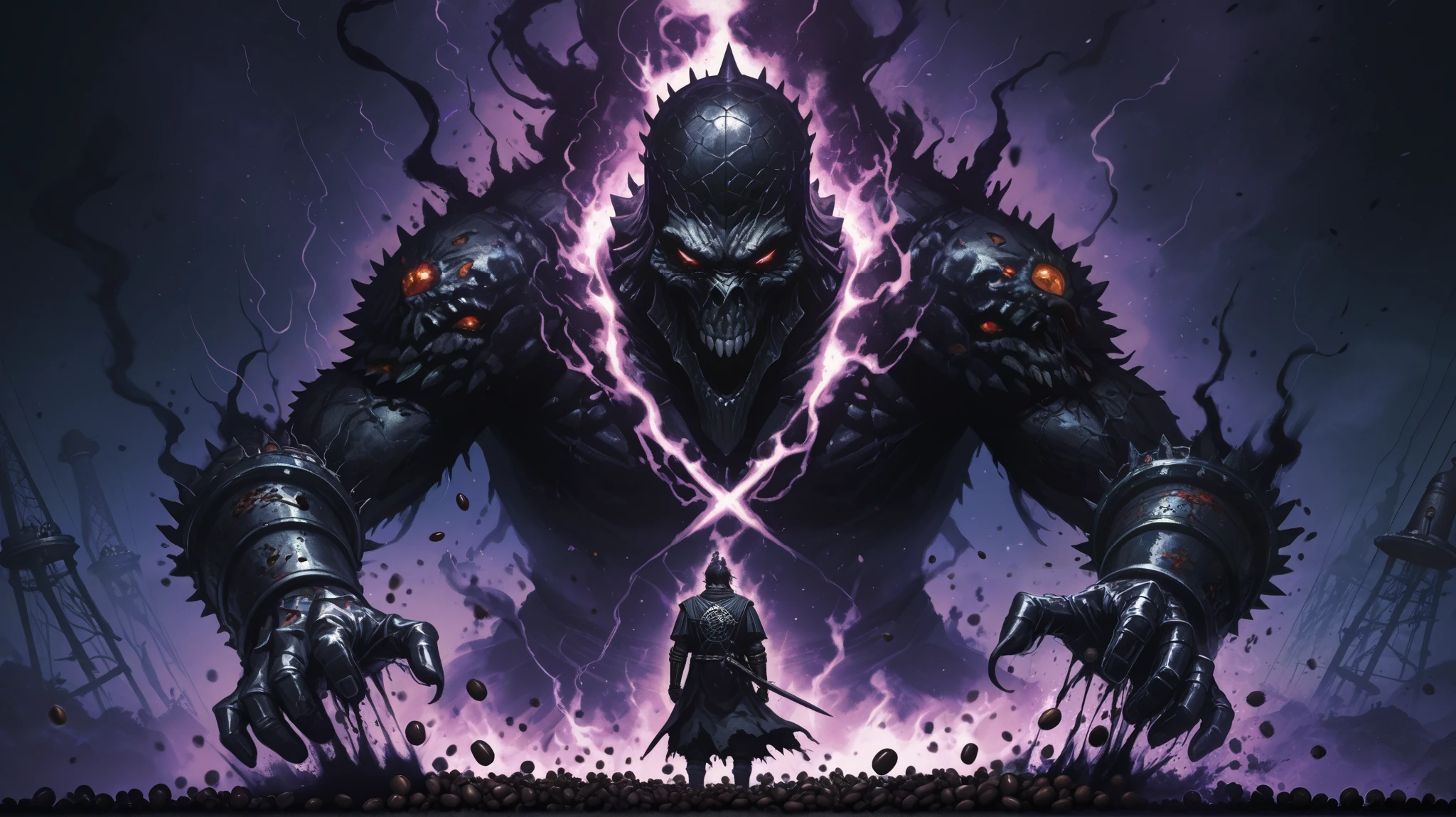 A dark and ominous scene of cosmic horror and dark fantasy, inspired by Lovecraftian themes. At the center, a sinister black-armored warrior stands in menacing prominence, reminiscent of a Dark Souls character. His full plate armor glistens faintly in the eerie, otherworldly light. Beside him, a massive bastard sword is thrust into the ground, its blade gleaming with eldritch darkness.
The warrior grips a handful of coffee beans tightly in one gauntleted hand, crushing them as a thick, black liquid oozes from his fingers and drips into a bubbling, steaming cauldron at his feet. The cauldron glows with an unsettling, fiery light, surrounded by a chaotic array of brewing equipment—wooden barrels, metallic fermenters, and arcane machinery, all exuding an aura of dark alchemy.
The ground is drenched in an ocean of thick, dark beer, swirling and rippling with mysterious energy. Scattered throughout the scene are coffee plants, their leaves and beans tangled and spread across the room, adding an eerie organic texture to the industrial brewing setup. The entire atmosphere is suffused with an air of dread and mystery, as though the setting itself is alive and watching.
