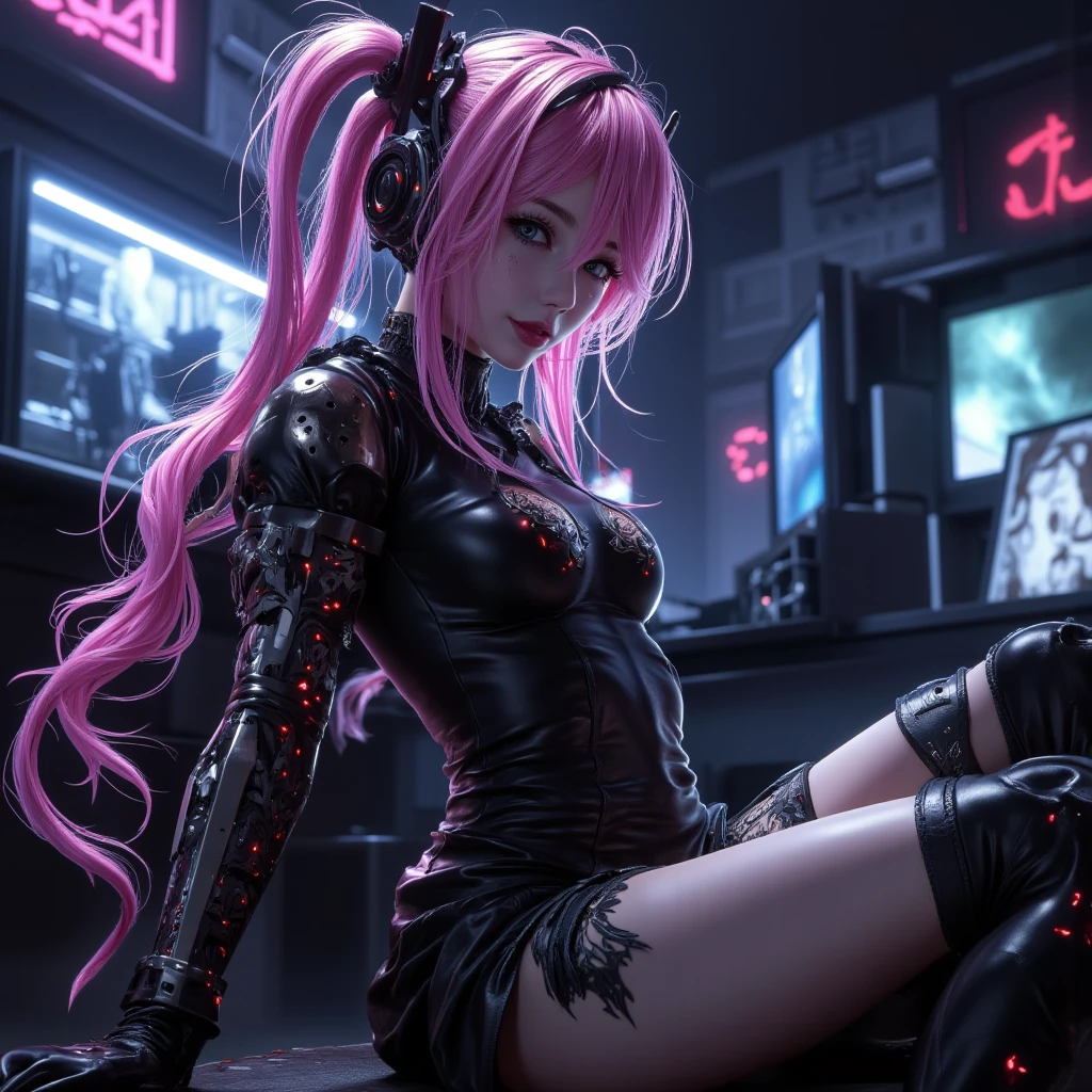 ((Best quality)), 1girl, combat boots, vinyl fabric outfit, space aesthetic
