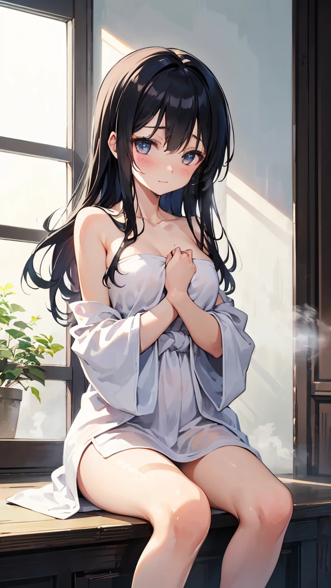 Korean elegant girl, (18 years old), in the apartment, bathroom, steaming, relaxed expression, (from above view), (masterpiece, best quality, extremely detailed, hyper realistic)