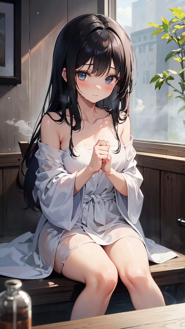 (masterpiece,best quality),1girl, solo, tail, barefoot, smile,fang, bottomless, sitting, blush, looking at viewer,fang out, spread legs, shirt, content rating, long sleeves, cute, closed mouth, laying in an inn with a window overlooking the village, middle-age city, detailed hand, wide angle <lora:holoSpiceAndWolf_v3:1>