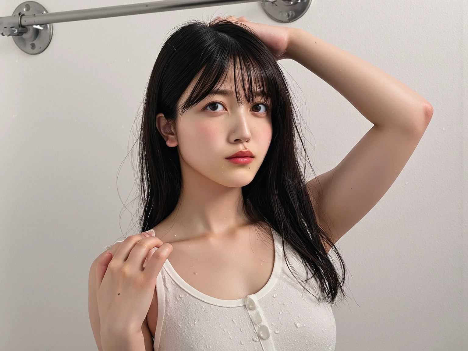 Top quality 1 woman See-through tops、big breasts、Plump thighs、Camisole、(White wall as background、Part of her hair is sky blue:1.4)、white wall、Taken in front of the white door、(A room with a white wall and a window)、((highest quality、8K、masterpiece:1.3))、ultra high resolution、(photorealistic:1.4)、raw photos、Japanese,(details face)、real、Shot in natural light、Highly detailed face and skin texture、highly detailed lips、correct state of the human body、medium hair、black hair、various poses、natural color lip
