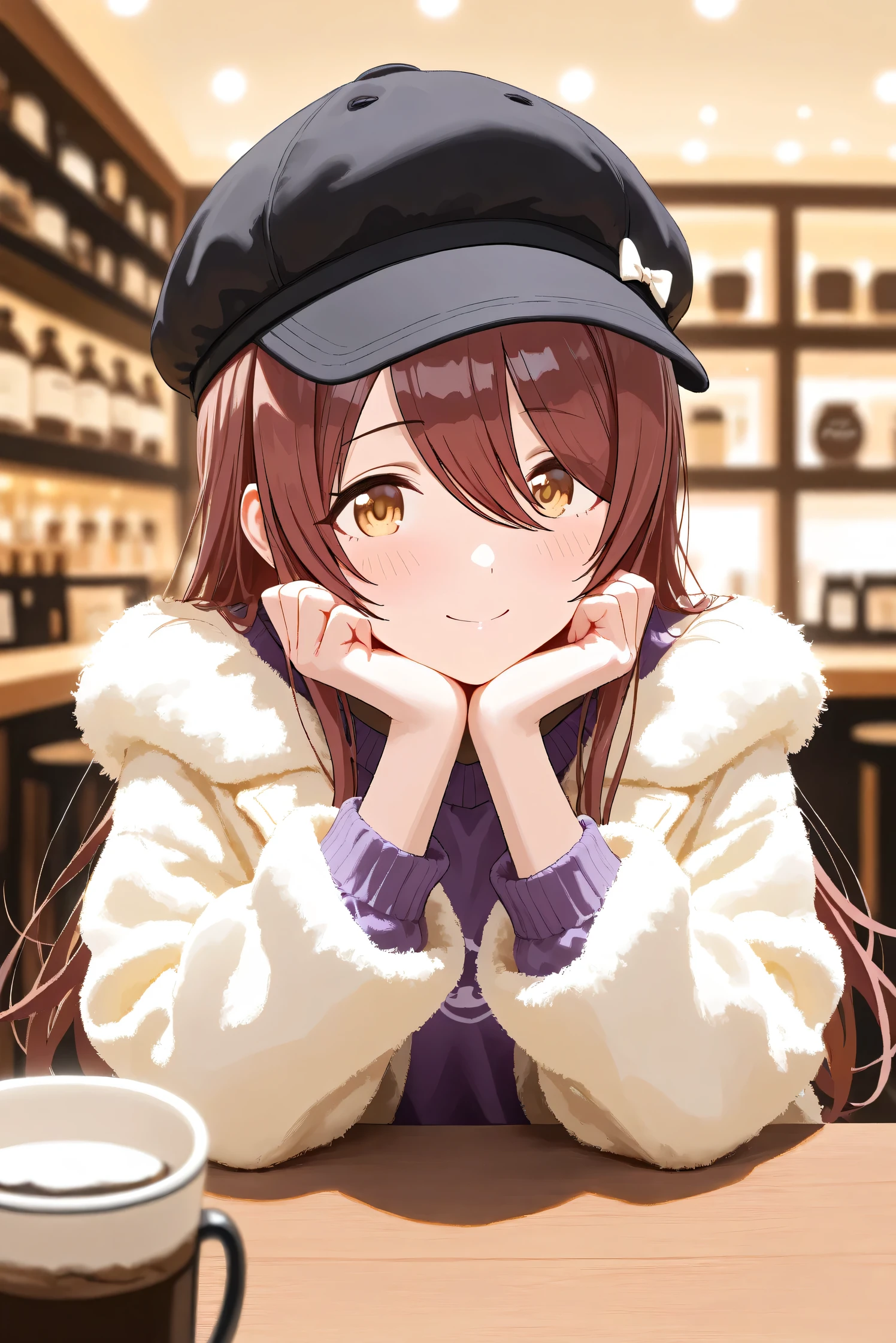 (Masterpiece), (Highest quality), (Very detailed),
(The best shape), (Best Shadow), (Absurd),
(Detailed background), (So beautiful), Shiny ,
Extraordinary, Countershading, 8k, 32K, High resolution, Beautiful eyes in every detail,
Very Detailed CG, UHD,
Score_9, Score_8_up, Score_7_up, Source_anime,
(Pastel painting:1.2), (Watercolor painting:1.2),
(Masterpiece, Detailed:1.2), (Foreshortening:1.2),
Cinematic, Dramatic, (Depth of field:1.4),
(Blurry background:1.4), (Realistic background:1.4),
(Foreshortening:1.3),Dynamic angle, 1 girl,
indoor, coffee shop, Antique coffee shop,
Cinematic Light,
Osaki tenka,
the idolmaster shiny colors,
tenkaosaki,
red hair, brown hair, yellow eyes,
(casual wear:1.3),
Work cap, Black cap,
Fur coat, Khaki coat
Sweater, Purple sweater, Sweater sleeves,
Portrait, Focus on face,
(Blush:1.3), Happy, smile,
sitting, put her face on plams, face rest,
Realistic skin, Shiny skin,
