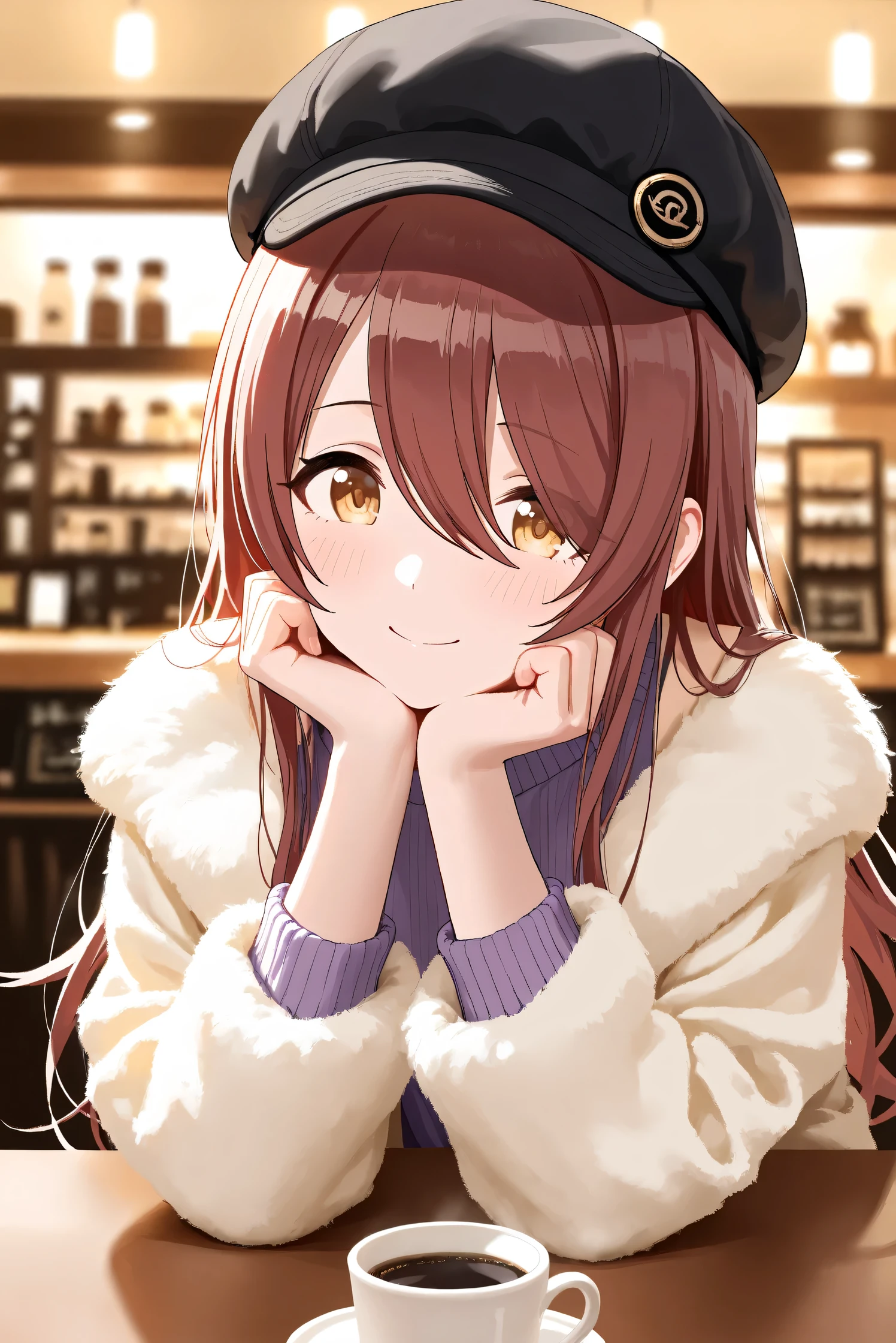 (Masterpiece), (Highest quality), (Very detailed),
(The best shape), (Best Shadow), (Absurd),
(Detailed background), (So beautiful), Shiny ,
Extraordinary, Countershading, 8k, 32K, High resolution, Beautiful eyes in every detail,
Very Detailed CG, UHD,
Score_9, Score_8_up, Score_7_up, Source_anime,
(Pastel painting:1.2), (Watercolor painting:1.2),
(Masterpiece, Detailed:1.2), (Foreshortening:1.2),
Cinematic, Dramatic, (Depth of field:1.4),
(Blurry background:1.4), (Realistic background:1.4),
(Foreshortening:1.3),Dynamic angle, 1 girl,
indoor, coffee shop, Antique coffee shop,
Cinematic Light,
Osaki tenka,
the idolmaster shiny colors,
tenkaosaki,
red hair, brown hair, yellow eyes,
(casual wear:1.3),
Work cap, Black cap,
Fur coat, Khaki coat
Sweater, Purple sweater, Sweater sleeves,
Portrait, Focus on face,
(Blush:1.3), Happy, smile,
sitting, put her face on plams, face rest,
Realistic skin, Shiny skin,