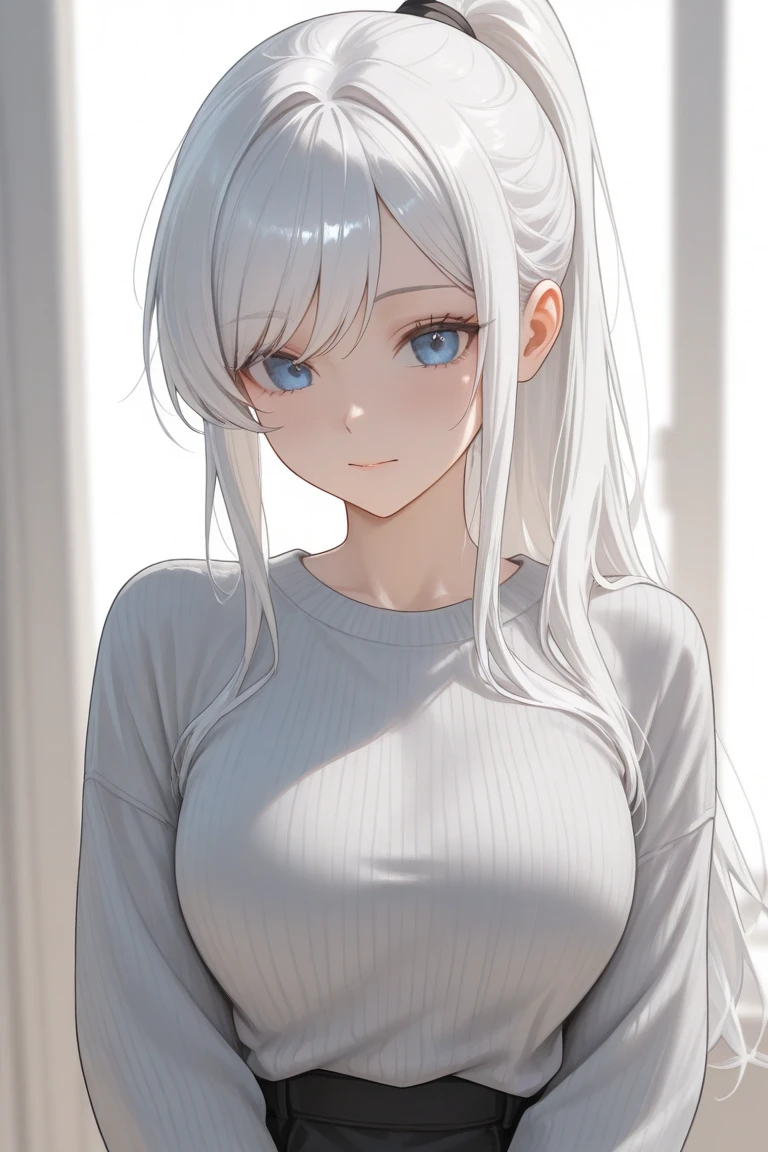 1 female, small teen cat girl, puffy cheeks, realistic lips oversized white t-shirt going all the way to the thighs, arms crossed propping up breast, hourglass figure, heterochromia eyes, cat pupils, flowy hair, white hair, annoyed, cat ears, in a cabin, best quality
