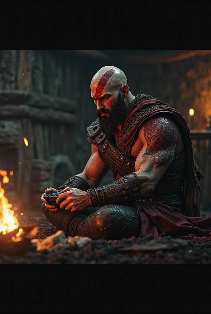 kratos sitting infront of a pc , porn picture on pc screen, drugs in one hand of kartos, money and medicine on table,kratos looking intro screen, drugs, money on table spread ,naked women behing kratos 