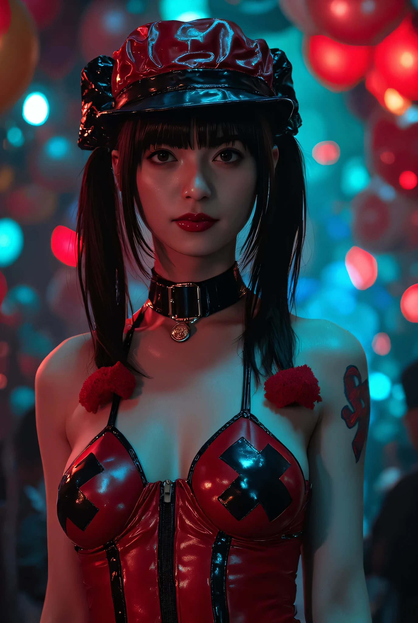 (((A crazy, pitch-dark circus in the 19th century:2.0))),circus with colorful balloons floating,((( Psychedelic Atmosphere :2.0))),(((Dance surrounded by balloons:2.0))),(((Dance under the spotlight:2.0))),(((Face with Joker-style makeup:2.0))),1 woman,(cute faces:2.0),(Beautiful well-balanced face :2.0),((twin tails with bangs:2.0)),(black hair:1.5),(Beautiful Grey Eyes:1.3),glamorous shot of a 20 year old woman, Slender Beautiful Body ,(((model body type:2.0))),((slim body:2.0)),((perfect body line:2.0)),(ideal proportions:1.5),((big on the floor:2.0)),((G cup breasts:2.0)),( popup:1.7),(((スリーサイズ90-58-86:2.0))),Bare thighs,Sensual Thighs,delicate body,(Glutinous Flesh:1.7),harmonious posture,((Realistic breast depiction :1.7)),Carefully depicting limbs based on perfect anatomy,(((Harley Quinn style super high leg panties:2.0))),(((black fishnet tights with rough mesh:2.0))),((I don't wear bras:2.0)),((red and black latex corset with wide open chest:2.0)),((Jester's hat:2.0)),((((Red and black nipples:2.0)))),((Only cover the nipples:2.0)),((garter belt:2.0)),concept art,(top quality:2.0),(masterpiece:2.0),(超高resolution:1.5),resolution,UHD,(Delicate Description), carefully drawn with butterfly wings ,32k,((Realistic Skin Texture:1.7)),(((ultra-realistic:1.5))),carefully draw eyelashes,very detailed face,Highly detailed female hand, Sexy appearance ,very sensual,(Blurry Dim Backgrounds :1.5),professional photo shoot,(movie light:2.0),((Blade Runner style light:2.0))