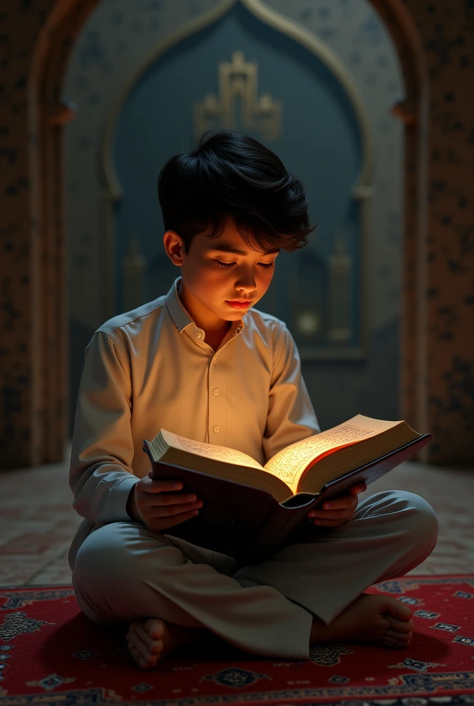 
A small Muslim boy with a focused and calm face, sitting in a quiet corner of the living room at night. In his hand, he held an open copy of the Koran with a small lamp illuminating the page. Nearby, dim rooms with simple furnishings add a sense of tranquility. The soft light of the night lights illuminated his face, creating a spiritual atmosphere full of peace in this moment of reading the Koran. very real, high resolution, 8k resolution, anime, intricate details