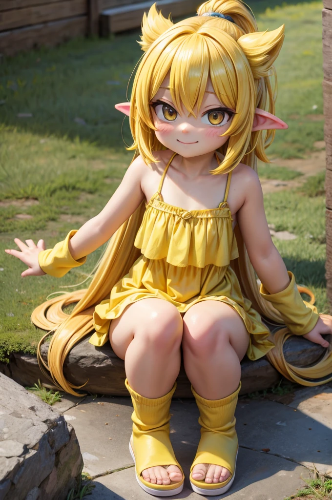 golden hair、beautiful young woman、Gorgeous full nude、twin tail hairstyle、yellow ribbon hair ornament、small areola、dark armpit hair、beautiful pubic hair、erect penis standing tall、scrotum hanging from penis、big anus、raise one leg