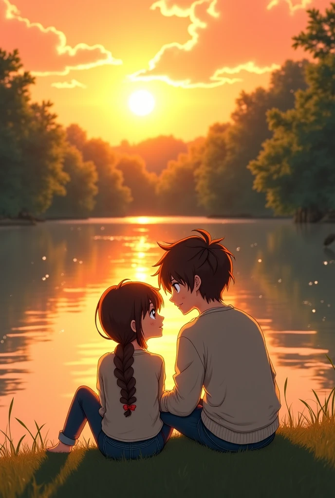 A boy and a girl sitting together at the Bank of river in the sunset 🌇 time
 hearing song with earphone 