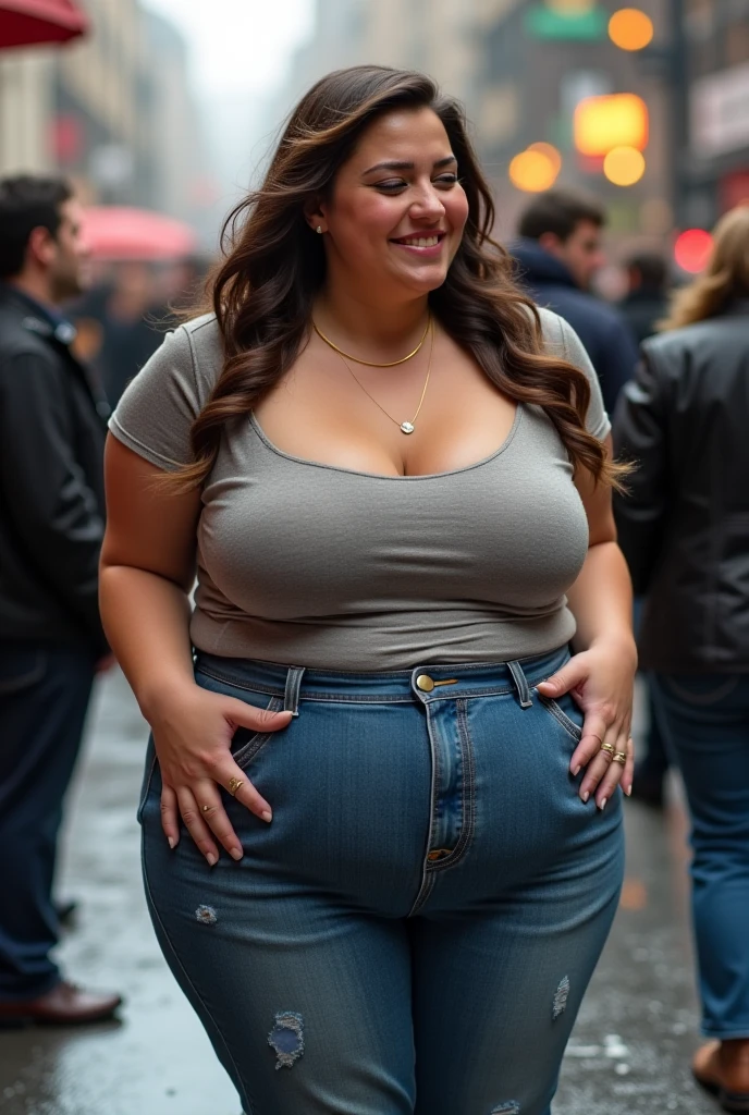 3Fatgirls freinds group , fat body , thick body , thick waist and thick hips  , soft curvy body sape , thick hips , widest hips ,smooth whight skin , round face , red lips , smile , long brown stable heir , long lage, red shoes large   breasts, large hip, one hand in pocket , classic jeance pant,  purple long shorts, full body view long distance camera angle ,  Face around back side , hip on front on camera , environment night city light Crowded , back multiple people walking Crowd ,   face clear