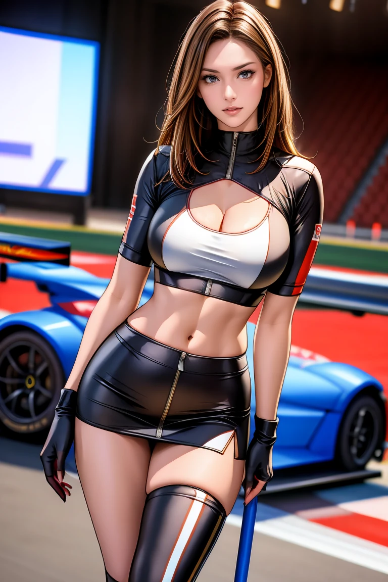 (event companion:1.5, racing circuit background:1.5), photo realistic, anime style, (8k, RAW photo, best quality, masterpiece:1.2), High detail RAW color photo, professional photograph, cowboy shot, (realistic, photo realistic:1.37),cinematic light, (finery detailed face:1.2), cowboy shot, thigh 1 girl in bath, 28-38 years old, very cute, very beautiful, photo realistic, event companion, BREAK, white oily skin, real human skin, (detailed face), oval face, pores, round eyes:1.0, ultra high res, BREAK, slim, (medium-large-breast:1.37, cleavage:1.37), (looking straight at viewer with a serene and goddess-like happiness:1.2), (lifter gloss, eyelashes, gloss-face, best quality, ultra highres, Broad lighting, natural shading), (beautiful thin short hair, wavy pony-tail hair style:1.5, shiny-black hair:1.5), BREAK, (esthetician uniform:1.3, blue-white pvc shirt;1.3, open shirt:1.3, white-pvc-bra:1.3, blue knee-length pvc-pencil-skirt:1.3), BREAK, ((show case:1.5, standing in the racing circuit1.5, The audience seats are drawn in the background:1.5)), ((from below:1.3, standing in the circuit lane, leaning forward)), blurry background, bokeh, depth of field, cowboy shot:1.3, centered image,