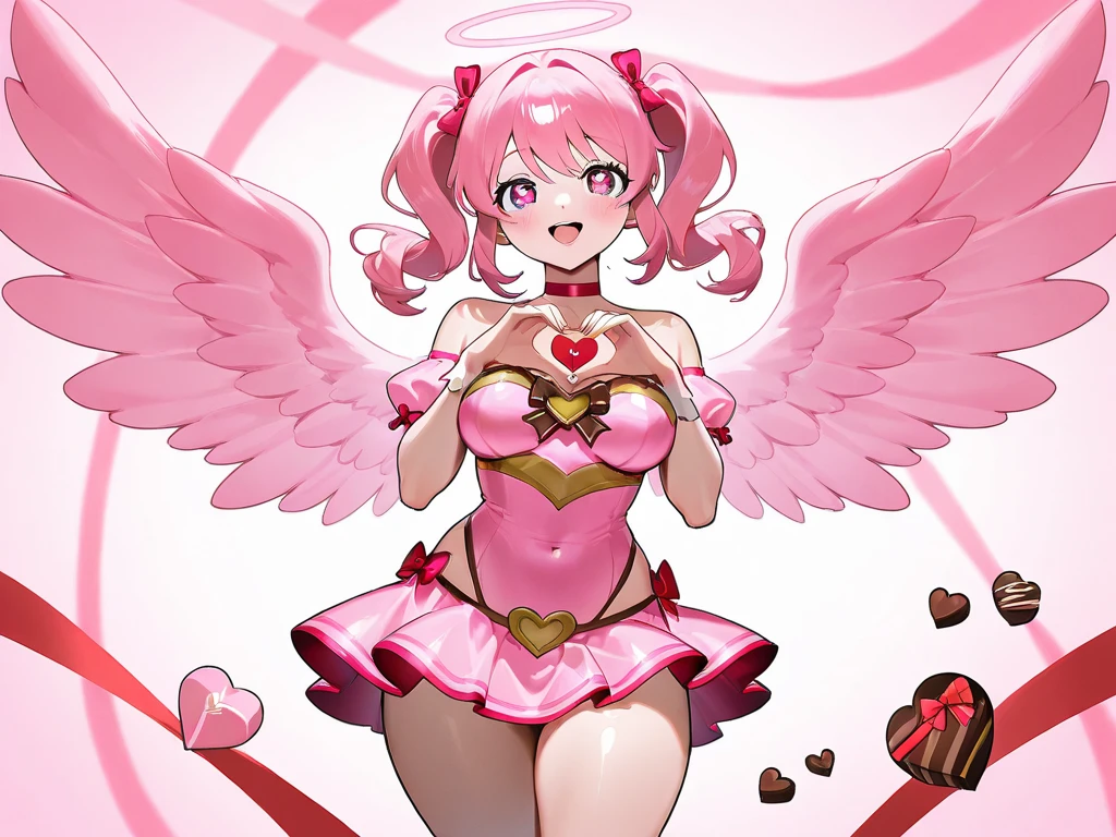 darkskin++++, dark brown skin:1.2+, orange hair++++, twintails++, pink eyes+++, big breast+, plump lips++ thick lips, angel wings+++, heart symbols++++, bow symbol+, orange windows, night+, halloween pumkin+, spiders crawling down+, sidewalk, bench, tress, streetlight, magical wand+, pink wand+, love wand+, white robe++, jewelry+ short skirt, gold strap+, detailed clothes+, halo++, eyelashes+, mouth open+, ahego, thick thighs++, ayego sal+, pink heels++, detailed shoes+, extremely detailed artgerm, detailed eyes, 4 k digital art, smooth art, close up,