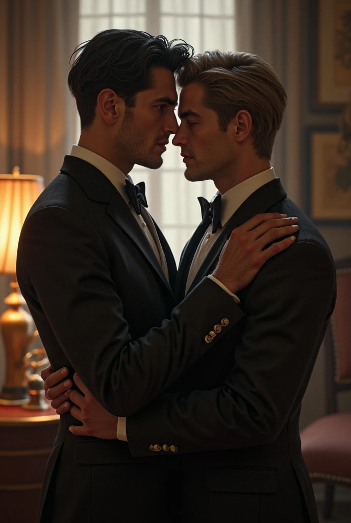 Romantic scene two young men kissing, Romantic scene two young men kissing, rose garden, imposing garden, baroque garden, Versailles, Europe, euroboy, European boy, handsome, boy, gay, cinematographic, bright, strong jaw, toned body, Greek face, handsome boy