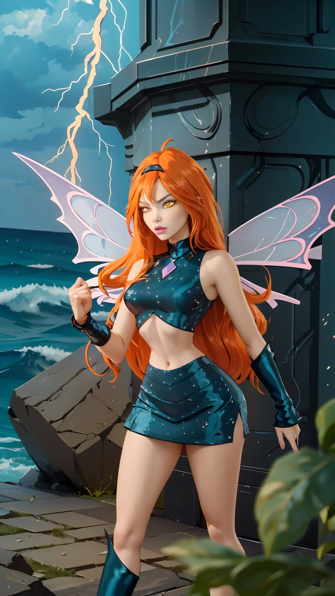 (ultra-realistic,32K, Meisterwerk:1.2),(highly detailed skin:1.1),( hochwertig:1.1),
Dunkle Blüte ,Schuld, orange hair, very long hair, gelbe Augen, Stiefel, black skirt, Handschuhe, black shirt, Wings, sparkling clothes, overknees, stormconqueror refuge, crackling thunderstorms, ocean-going vessels, storm summoner refuge, blurred background,, (huge chest,big chest:1.1), fighting stance (neon pastel:1.1),
