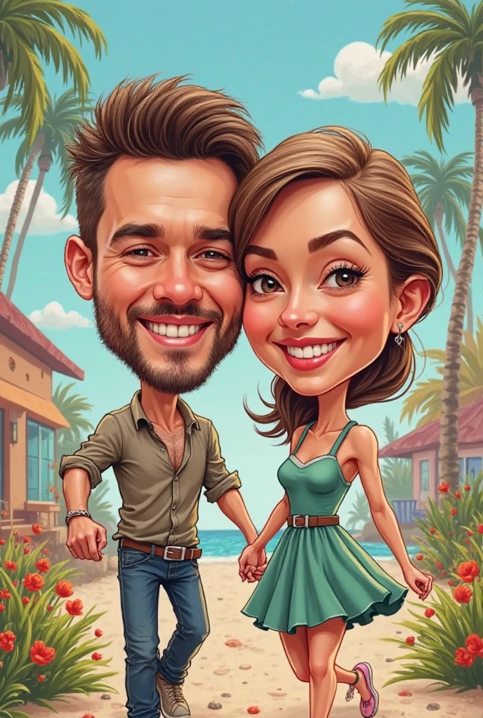 a painting of a couple and their dog on the beach, caricature illustration, caricature!!!, caricature style, caricature, in cartoon style, cartoon portrait, caricatural, couples portrait, by Hugh Hughes, cartoon art, charicature, cartoon painting, couple portrait, by Melissa Benson, realistic cartoon, by Warren Mahy, caricaturist, by Robert Maguire, 8k