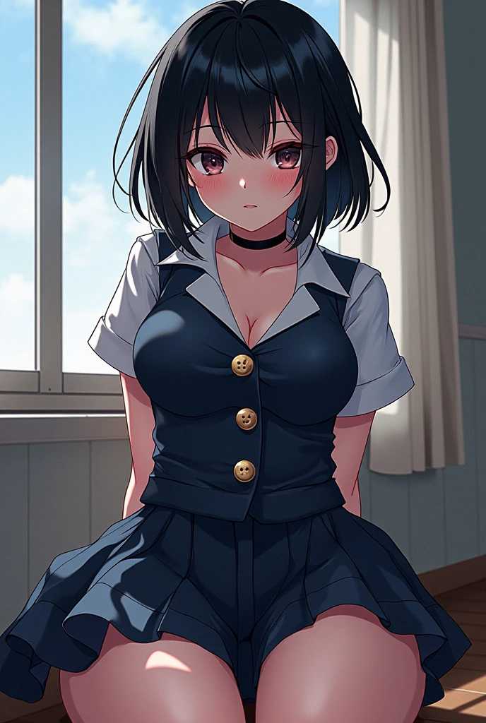 masterpiece, best quality, highres, aaazusa, short hair, ahoge, parted bangs, ,school uniforms, outdoors, bench, sitting, A kind smile,Troubled face,sweat,breath,blush,(large breast:1.2),big tits,busty,Curvaceous,Hourglass Shape,A well-defined figure,slender,Big chest and small waist,
