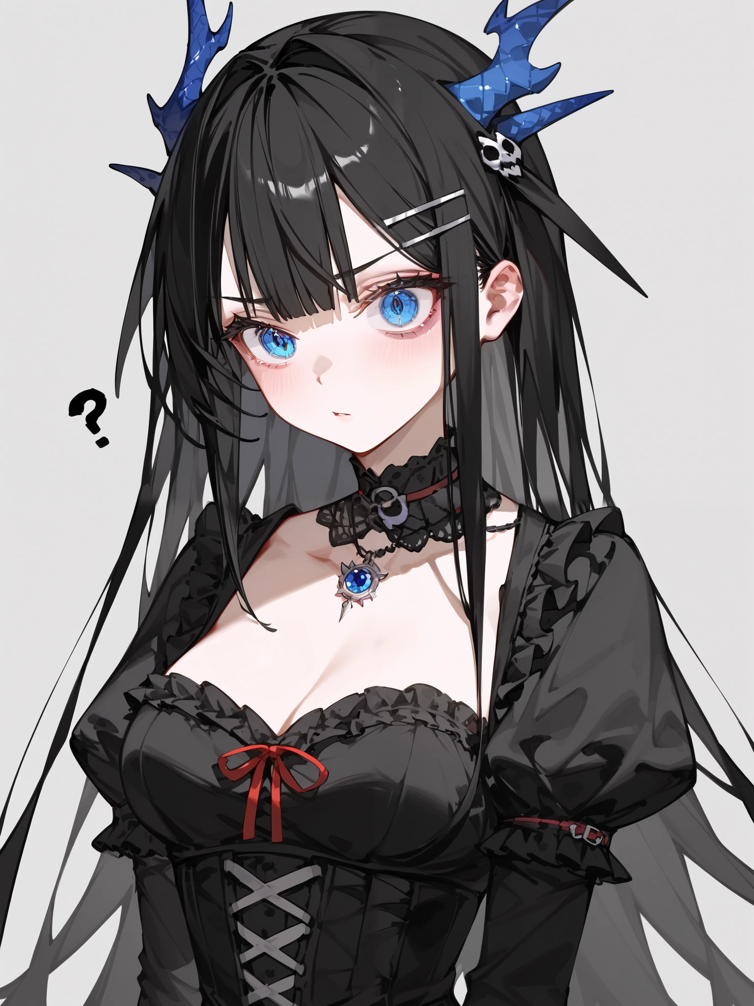 Dragon Girl, ผมสีดำ,long hair, Multicolored eyes, blue eyes,,Wear a black necklace.,stand, Hair Clip xx ,Confused,canine,in the naked eye,มีDragon Hill,medium breasts,,Make a threatening hand ,ผมสีดำ, black hair ,gray background, gothic ta ,Dragon Hill
